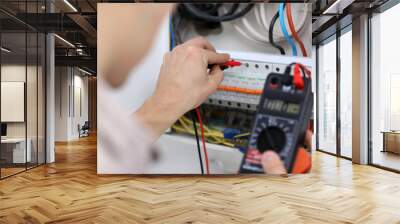 Young electrician measuring voltage in fuse board Wall mural