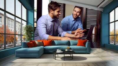 Young men talking in cafe Wall mural