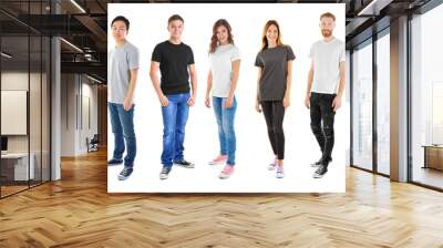 Young people wearing different t-shirts on white background Wall mural