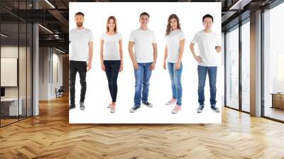 young people wearing different t-shirts on white background Wall mural