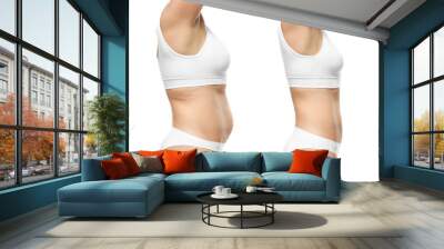 Young woman before and after weight loss on white background Wall mural