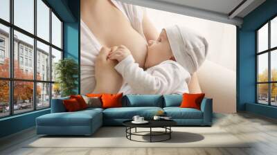 Young woman breastfeeding her little baby at home, closeup Wall mural