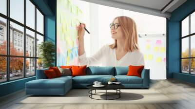 Young woman holding tablet and making notes on color stickers in office Wall mural