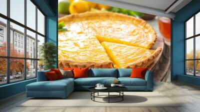 Yummy lemon tart on wooden tray Wall mural