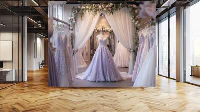 A luxurious bridal boutique with elegant purple wedding gowns on display. Wall mural