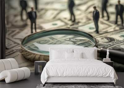 Business Investigation: Tiny Figures on Dollar Bills Under Magnifying Glass Wall mural