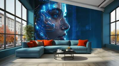 Female face with glowing blue lines, Artificial intelligence concept. AI generated Wall mural