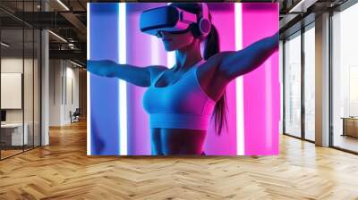 Fitness woman wearing a virtual reality headset, standing in a futuristic fitness center Wall mural