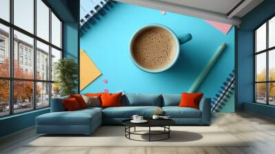 Flat Lay Coffee Break with Office Supplies Wall mural