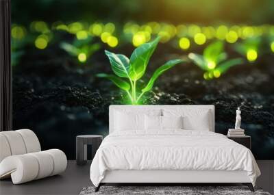 Glowing rows seedlings growing in soil. advanced biotechnology, futuristic agriculture Wall mural