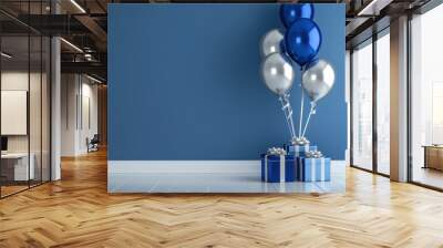 Helium balloon with gift box on blue background Wall mural