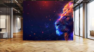 Lion head with glowing low poly lines Wall mural