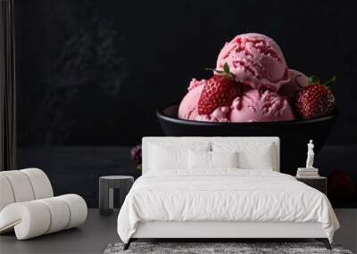 Pink strawberry ice cream in a black bowl Wall mural