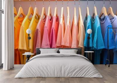 Plain t-shirts of different colors hang on a hanger in a store Wall mural