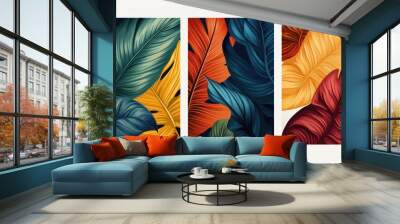 Set of Three Abstract Tropical Leaf Pattern Wall Art Panels for Decoration. Wall mural