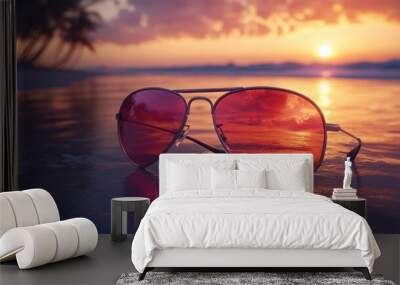 Tropical Sunset Reflections in Sunglasses on a Serene Beach Wall mural