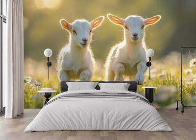 Two Playful Baby Goats in a Meadow Wall mural