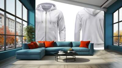 Realistic white hoodie or hoody for man. Men sweatshirt with long sleeves and drawstring, muff or kangaroo pocket. Wall mural