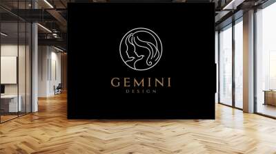 Elegant Twin Beauty Woman Girl Lady with Line Outline for Cosmetics Logo Design Vector Wall mural