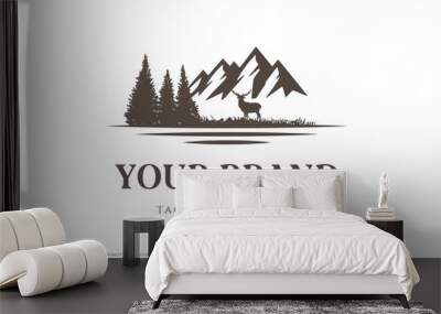 Ice Snow Mountain with Pine Cedar Conifer Evergreen Cypress Hemlock Larch Fir Forest and Lake River Creek for Hunting Adventure Logo Design Vector Wall mural