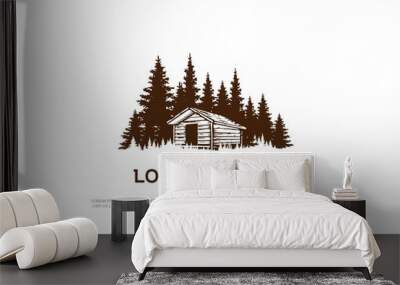 Pine Cedar Spruce Conifer Evergreen Fir Larch Hemlock Cypress Trees Forest with Wooden Cabin Chalet Cottage Barn Logo Design Vector Wall mural