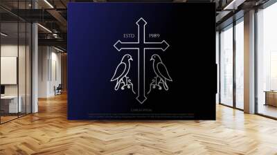 Simple Minimalist Christian Jesus Cross with Dove Pigeon Line Outline for Church Chapel Logo Design Vector Wall mural