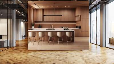 3D model of a contemporary, opulent home with wood walls and kitchen panels. Wall mural