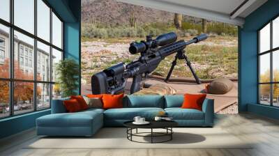 Suppressed Precision bolt action rifle at outdoor shooting range Wall mural