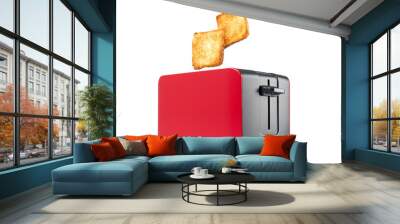 Roasted toast bread popping up of red toaster, isolated on white background. File contains a path to isolation.  Wall mural