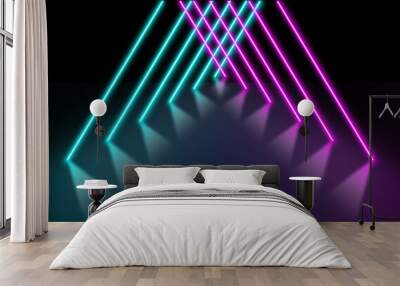 3d render abstract Neon lines triangles tunnel, Square rectangle picture frame with two tone neon color motion graphic on isolated black background. Wall mural