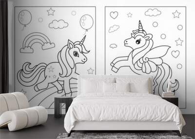 Coloring page with cute unicorn. Vector black and white image for children. Cool unicorns with rainbow, flowers, sweets. Wall mural