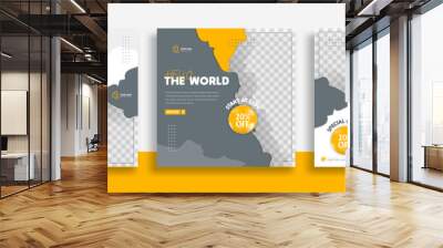 Traveling Set of Editable minimal square banner template. black yellow white background color with geometric shapes for social media post, story and web internet ads. Vector illustration  Wall mural