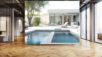 The window may be positioned to provide a view of the pool area, enhancing the space's openness and connection to the outdoors. Wall mural