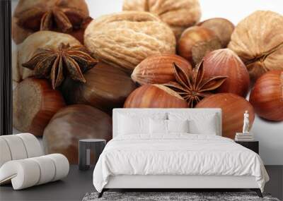 composition of anise, walnut, hazelnut isolated on white backgro Wall mural