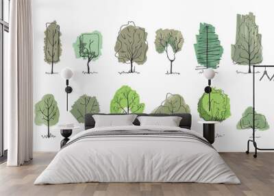 Drawing trees for landscape design. Vector illustration, hand drawn. Set of tree sketches isolated on white. Wall mural