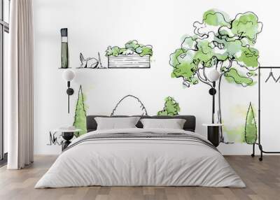 Set of summer Trees and Bushes. Tree watercolor sketches for landscape design. Vector illustration, hand drawn, isolated on white background. Also a lamp, a garden-bed, stones, grass. Wall mural