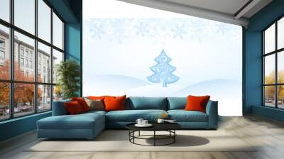 Christmas Blue Landscape with Snowflakes and Tree Wall mural