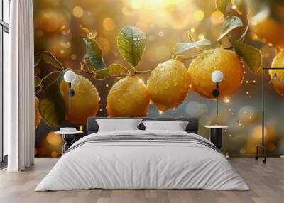 Beautiful fresh ripe lemons hanging on a branch with leaves in garden, closeup Wall mural