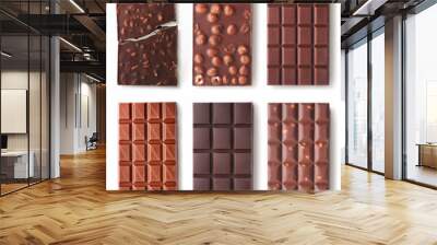 Different types of chocolate isolated on white background. Design mockup with space for text. High resolution image Wall mural