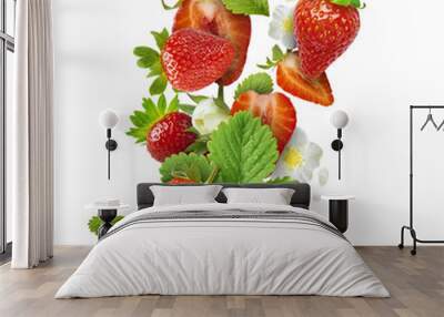 Flying Fresh tasty ripe strawberry with green leaves isolated Wall mural