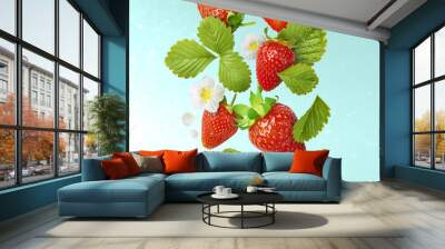 Flying Fresh tasty ripe strawberry with green leaves Wall mural