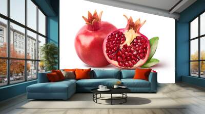 Fresh ripe pomegranate with green leaves isolated on white background. Wall mural