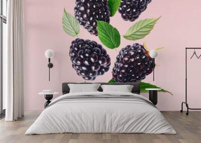 Fresh ripe raspberries, green leaves and flowers flying in the air Wall mural