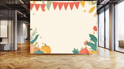 A decorative autumn background featuring pumpkins, flowers, and festive banners, perfect for seasonal designs and invitations. Wall mural