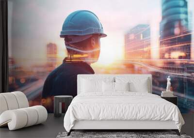 construction engineer wearing hard hat observes city skyline at sunset, surrounded by digital overlays representing technology and innovation Wall mural