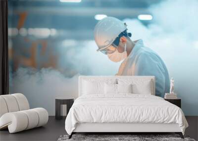 focused engineer in protective gear is troubleshooting ventilation issue in factory, surrounded by steam and smoke, showcasing critical moment in HVAC maintenance Wall mural