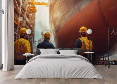 Inspecting hull of large ship, team of engineers in hard hats and safety vests observes construction process in shipyard. Their focus and teamwork highlight importance of safety and precision in Wall mural