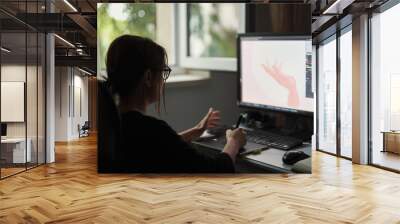 Graphic designer  wearing glasses working remotely from PC Wall mural