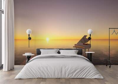 Surreal sea scene with piano on the water at sunset. 3d illustration. Wall mural