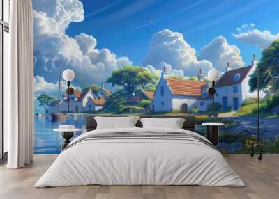 Quaint fishing village by the tranquil sea with boats and seagulls Wall mural